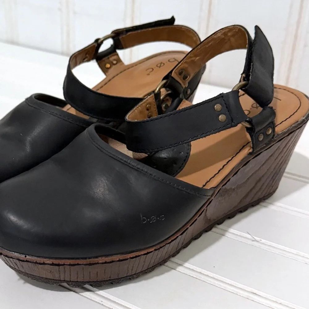 b.o.c. Born Concept Black Leather Rina Wedge Sandals Clog Platform Womens 9M